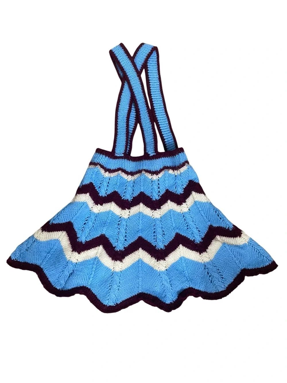 Handmade Vintage Style Baby Girls Blue Zig Zag Suspender Skirt Dress 6-12m - Picture 2 of 4